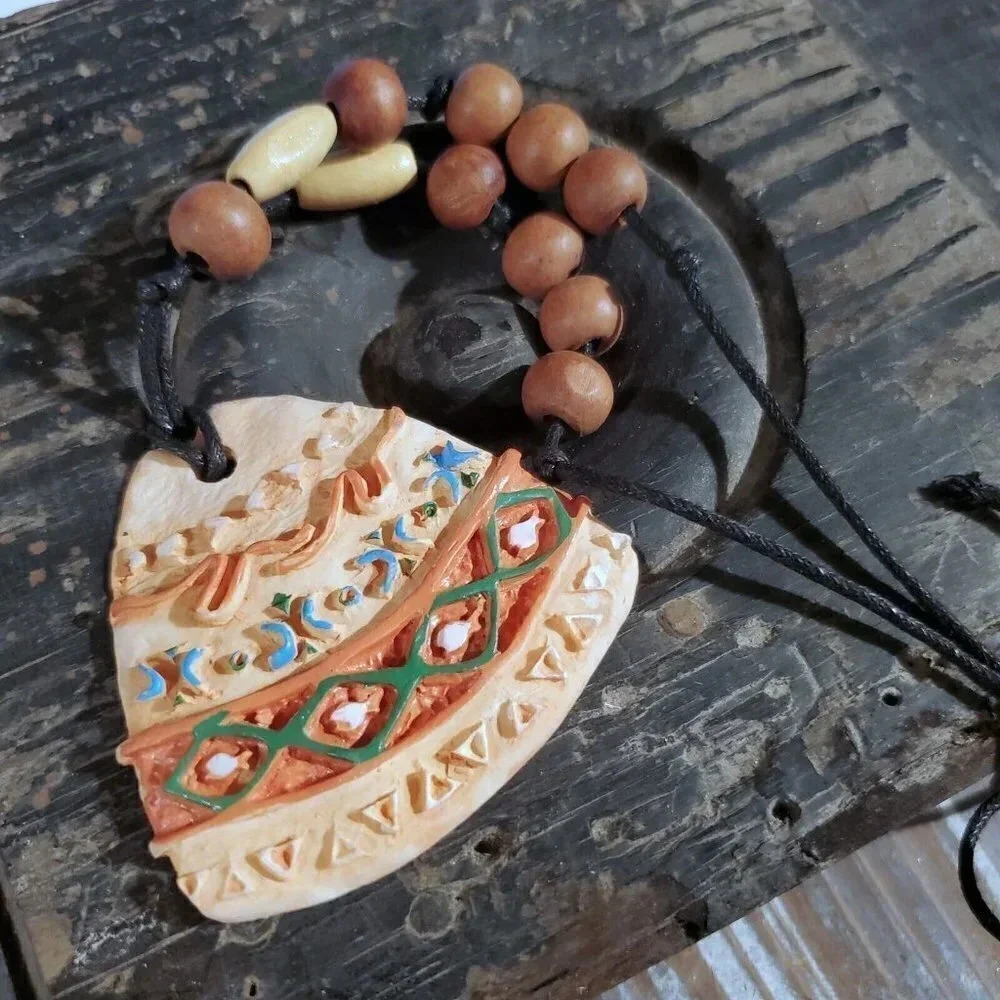 Rounded Triangle Unglazed Clay Peachy Tan Multi OOAK Artisan Pendant Necklace